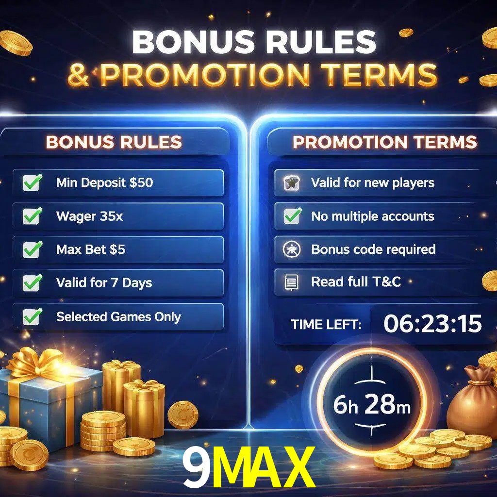 Reglas de promoción 9MAX y condiciones de bonos explicadas visualmente