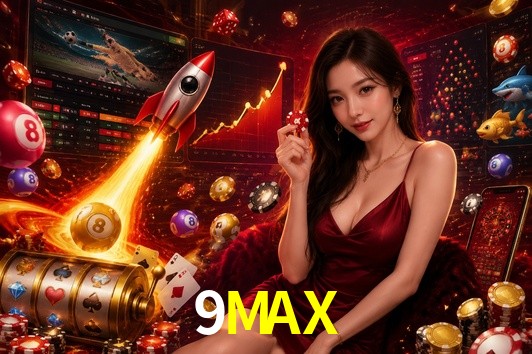 Una escena digital vívida inspirada en casino con 9MAX mostrado prominentemente, luces brillantes, fichas, cartas y acentos dorados.